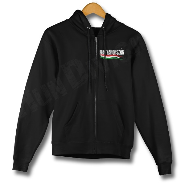 Magyarország feliratú, nemzeti színű, férfi cipzáras pulóver